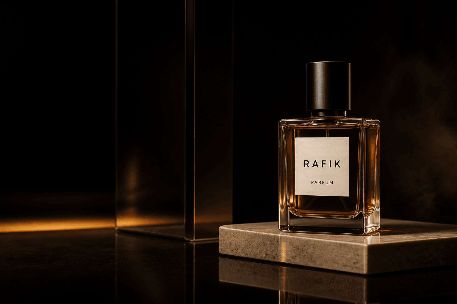 Frasco de parfum Rafik em cenário de pedra e vidro âmbar